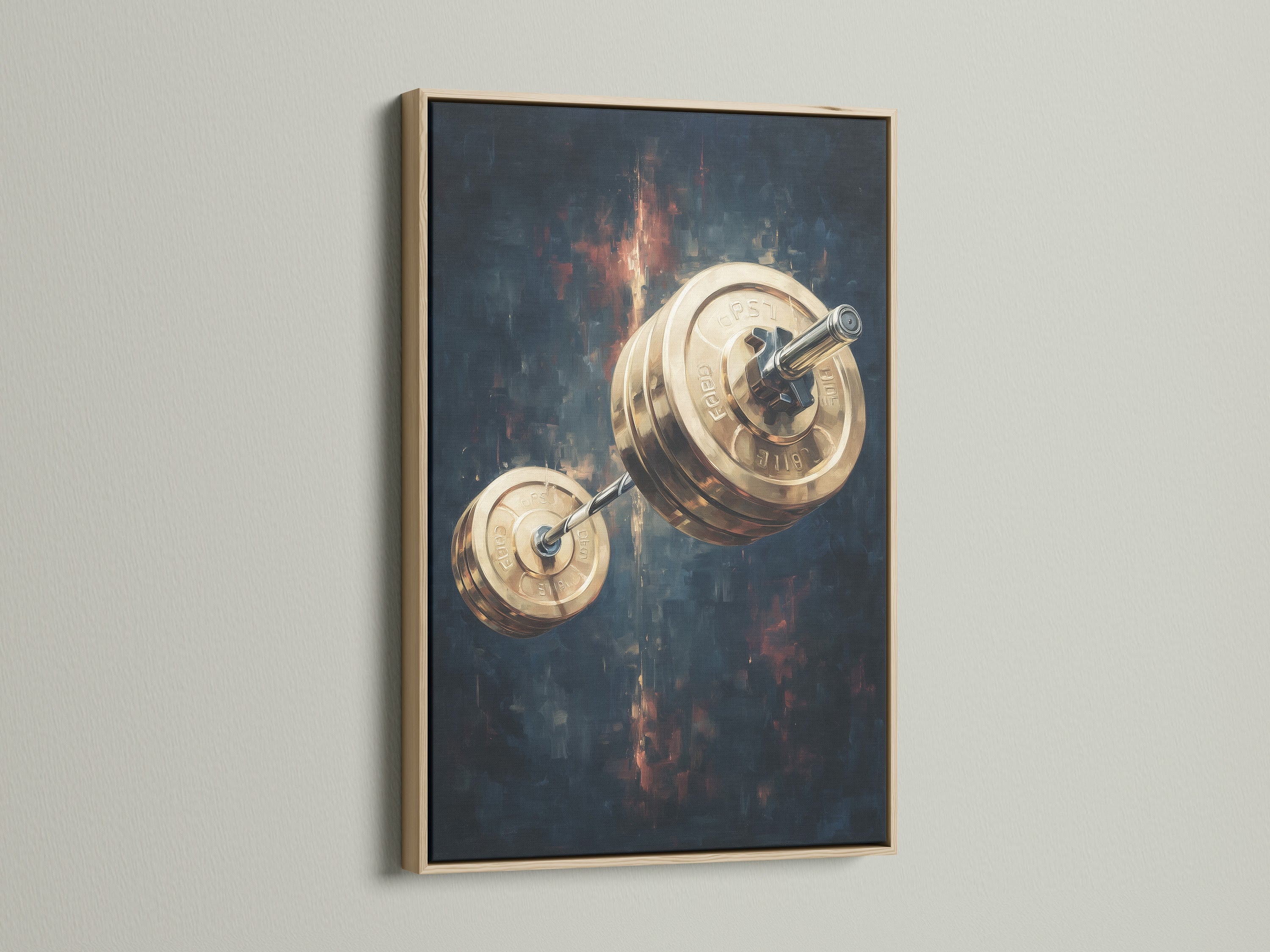 The barbell weights canvas print is showcased in an oak frame. This fitness gym wall art adds a contemporary touch. Ideal decor for modern home gyms and workout rooms. Check out the oak frame now.