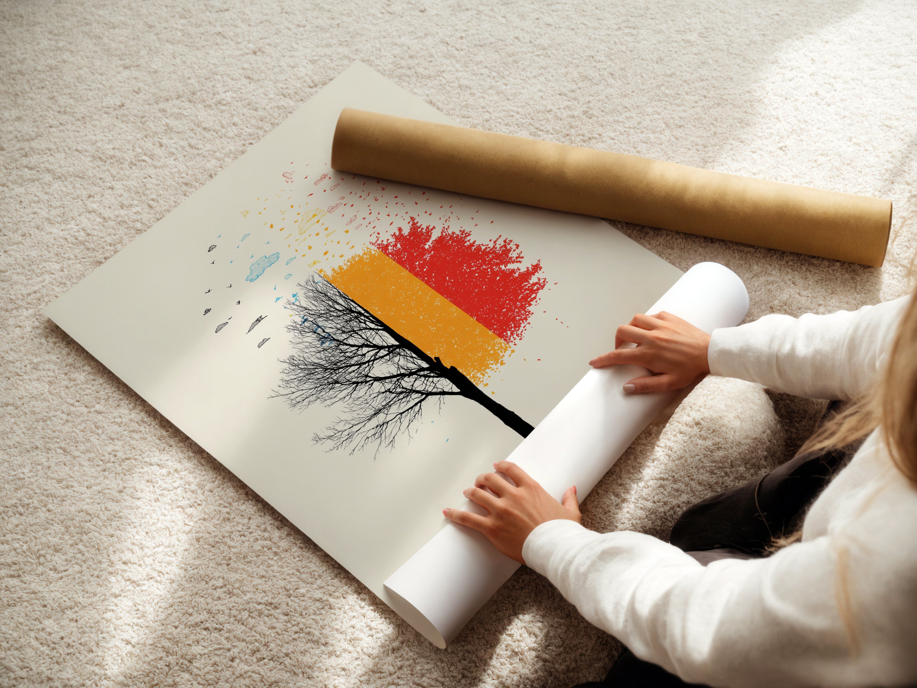 A woman carefully rolling a fine art poster paper. Preparing modern colorful wall art for display. The abstract tree artwork is ready to enhance your space. Perfect for office decor or home interiors. The nature-inspired artwork brings a touch of contemporary art.