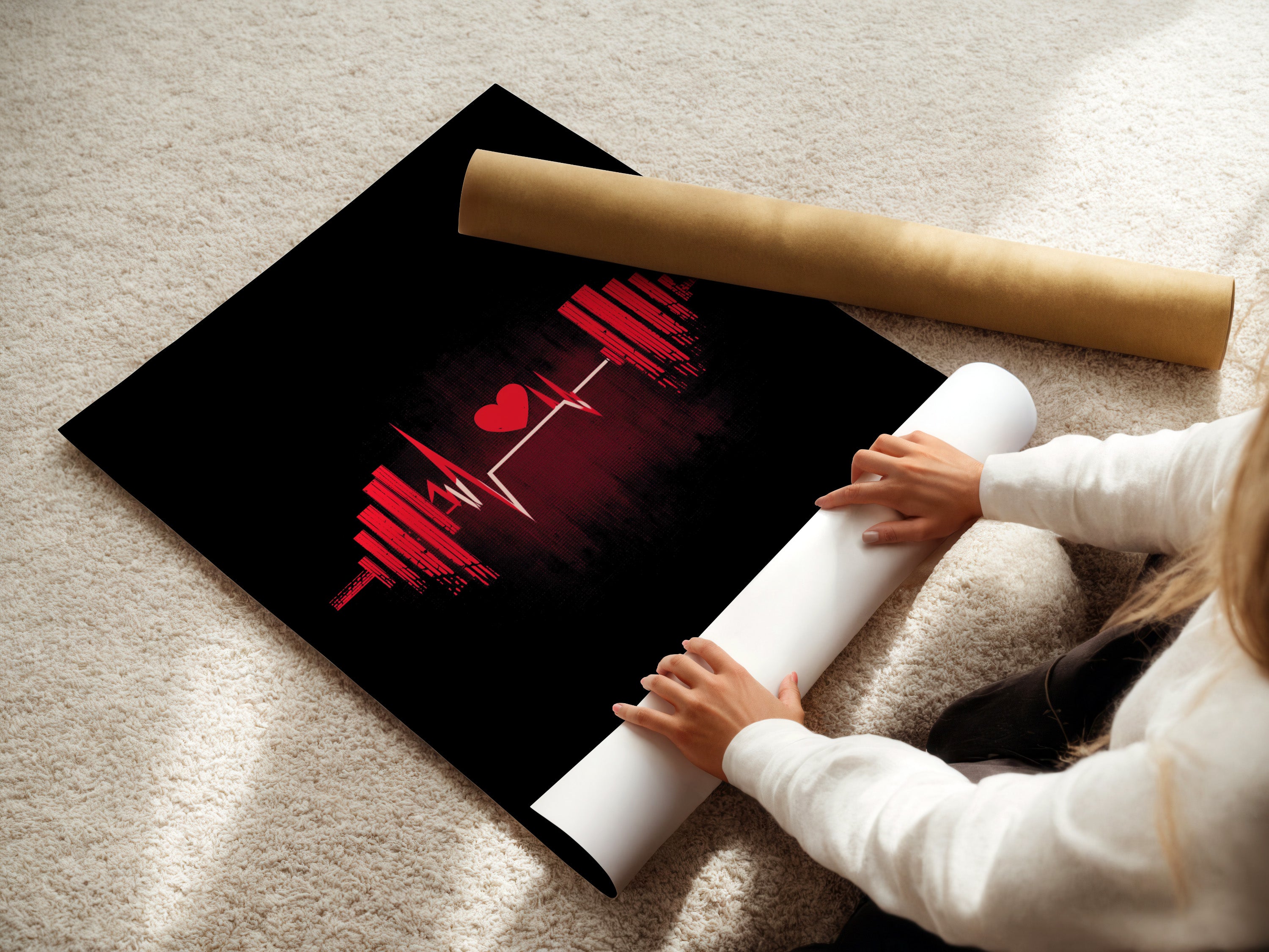 A woman carefully rolls a fine art poster paper. She handles the delicate paper with care. The poster paper is ready for framing. Explore our range of fine art printing options. Find the perfect paper for your artwork. High quality paper for printing.