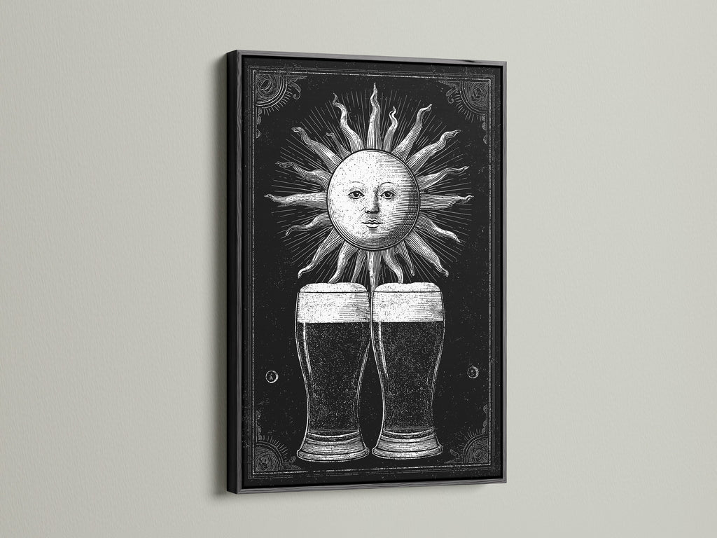 Artwork framed in black. This piece features a vintage-style sun illustration. Two beer glasses are under the sun. Black frames offer a bold statement. This artwork is a unique addition to your decor.