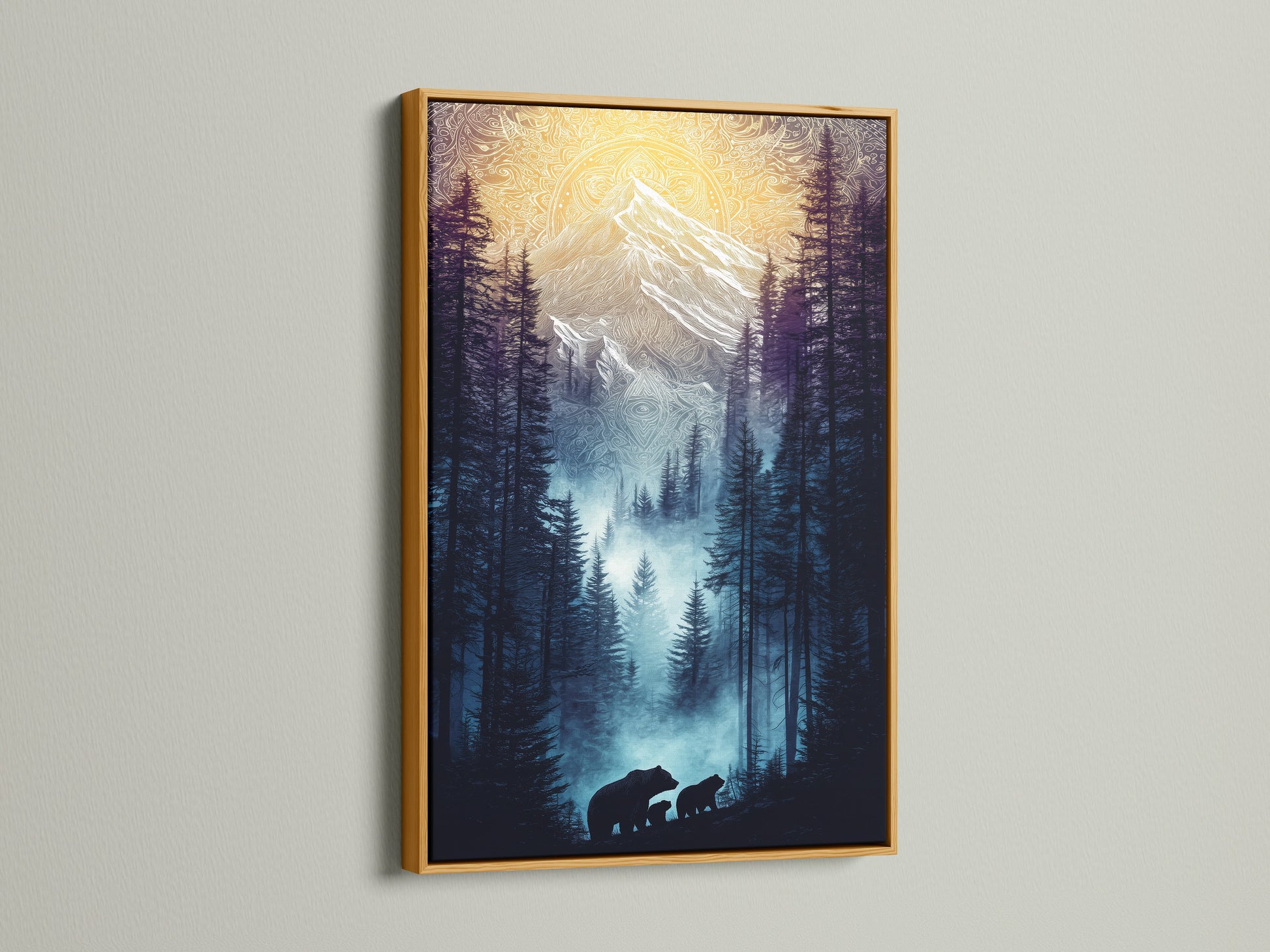 The Bear Family Canvas Print in a gold frame adds elegance. This mountain forest art piece elevates cabin decor. The nature wall art brings a luxurious touch. Perfect for sophisticated spaces.