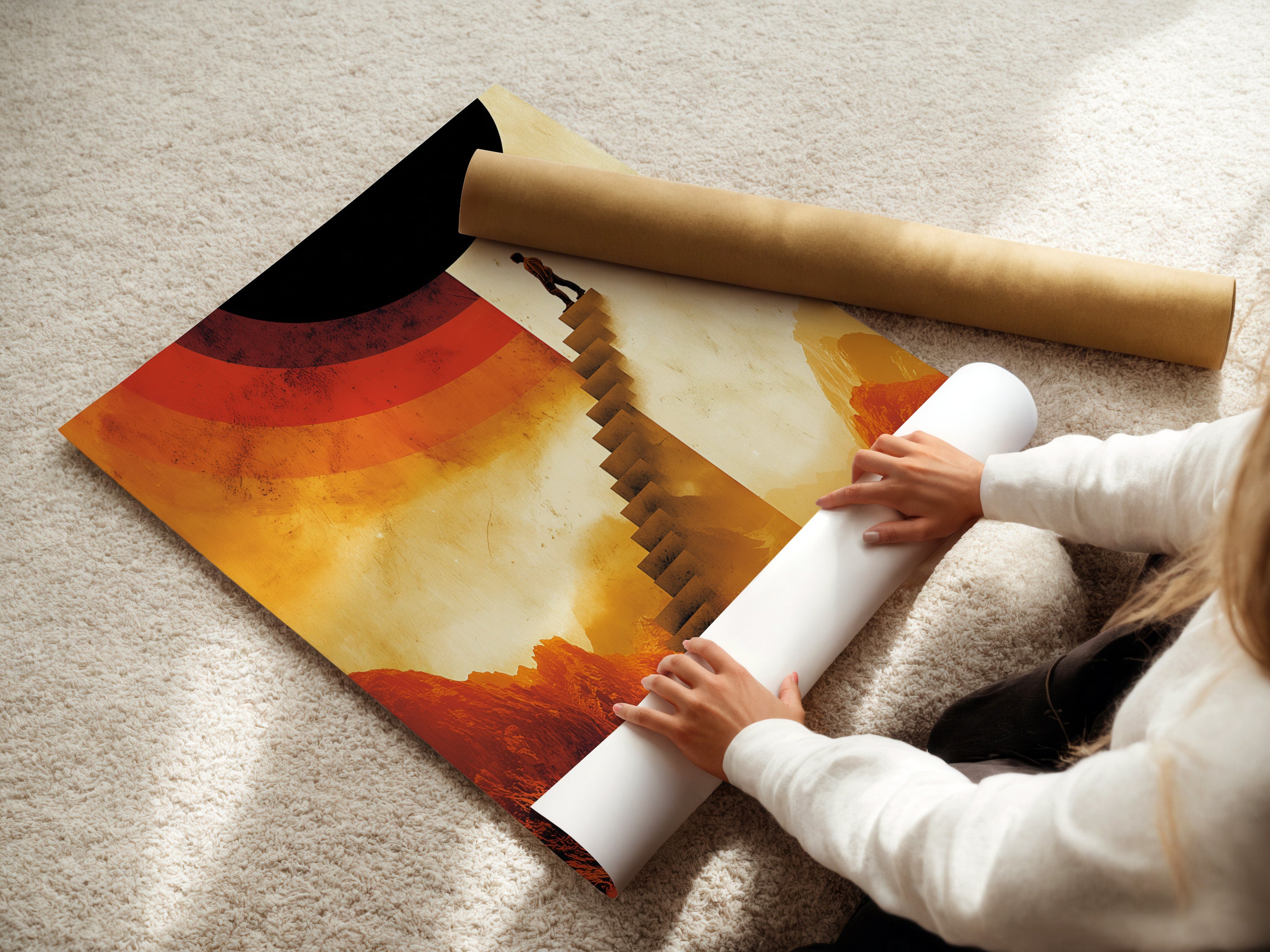 A woman rolls a fine art poster paper. The paper is for a surreal stairway artwork. Abstract mountain landscape artwork in warm earth tones is shown. Fine art posters are a great choice. Perfect for any creative space.