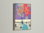 Abstract Tree canvas print in an oak frame. The frame enhances the artwork's modern aesthetic. Ideal for living rooms offices and studios. This geometric art piece features a colorful abstract tree. It brings contemporary style to any space.
