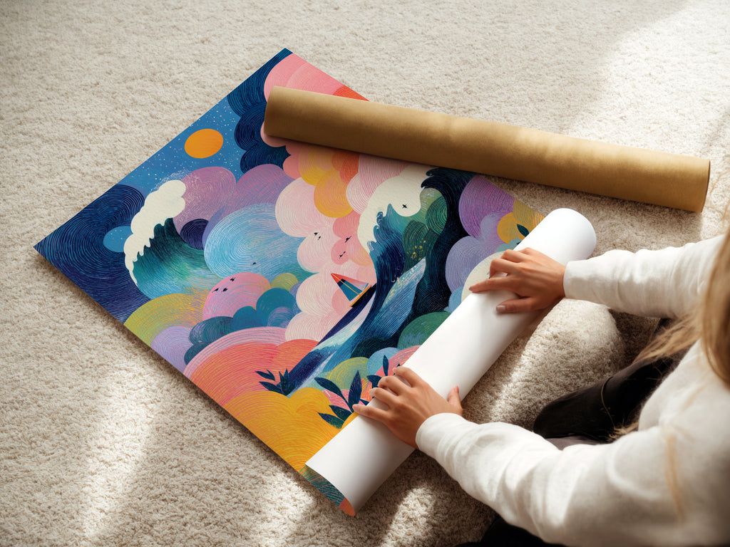 A woman is carefully rolling a fine art poster paper. The paper is of high quality ready for printing. She is working with care to avoid any creases. Fine art posters are a great way to enjoy art.