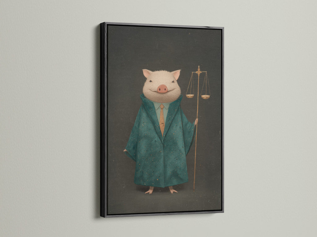 Here is the Lawyer Pig art piece displayed in a black frame. A sophisticated Legal Wall Art option for a law firm. This artwork creates a focal point in any legal setting. The pig in suit art brings a smile to any courtroom decor. Green and Gold Victorian style.