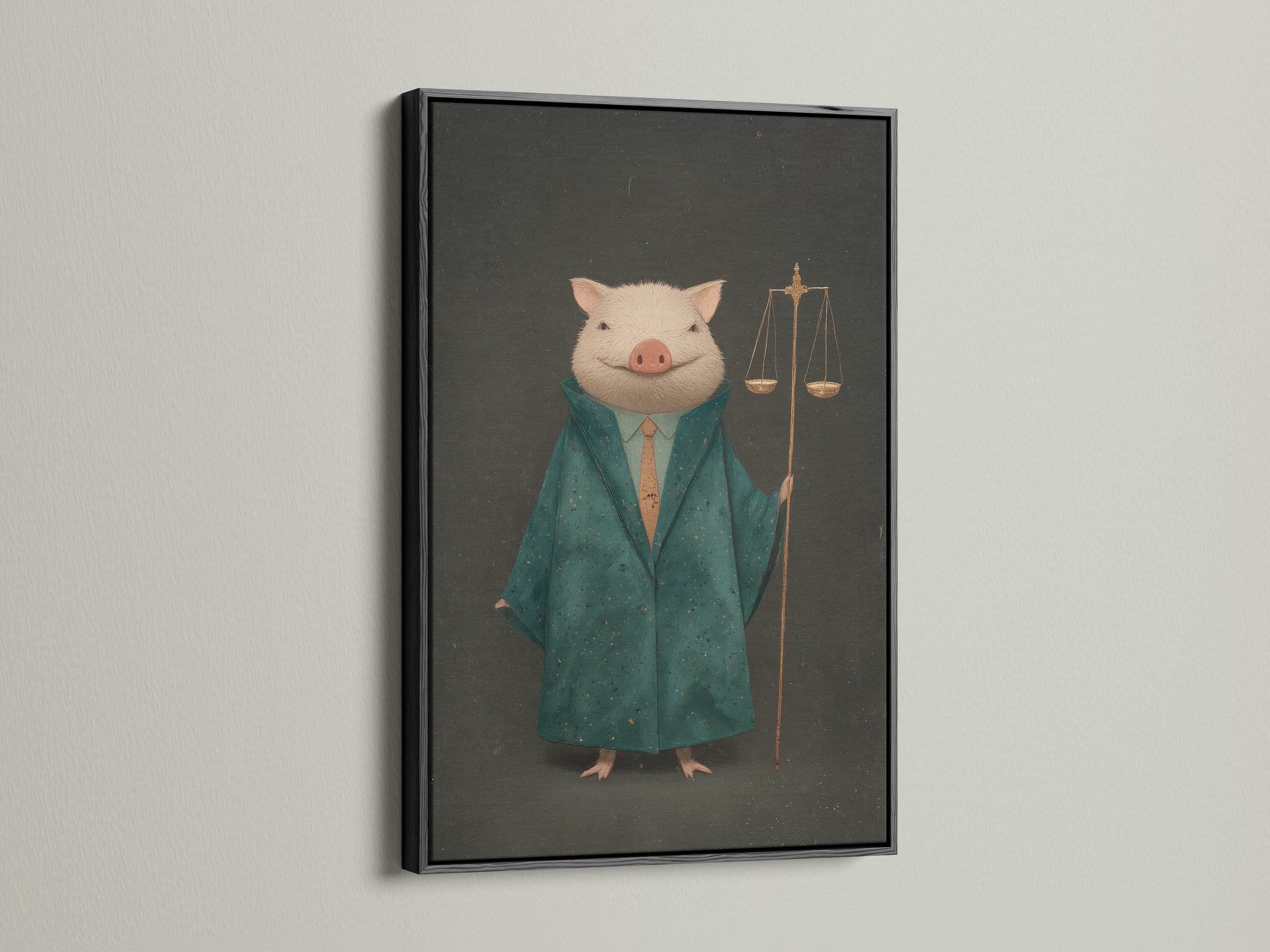 Here is the Lawyer Pig art piece displayed in a black frame. A sophisticated Legal Wall Art option for a law firm. This artwork creates a focal point in any legal setting. The pig in suit art brings a smile to any courtroom decor. Green and Gold Victorian style.