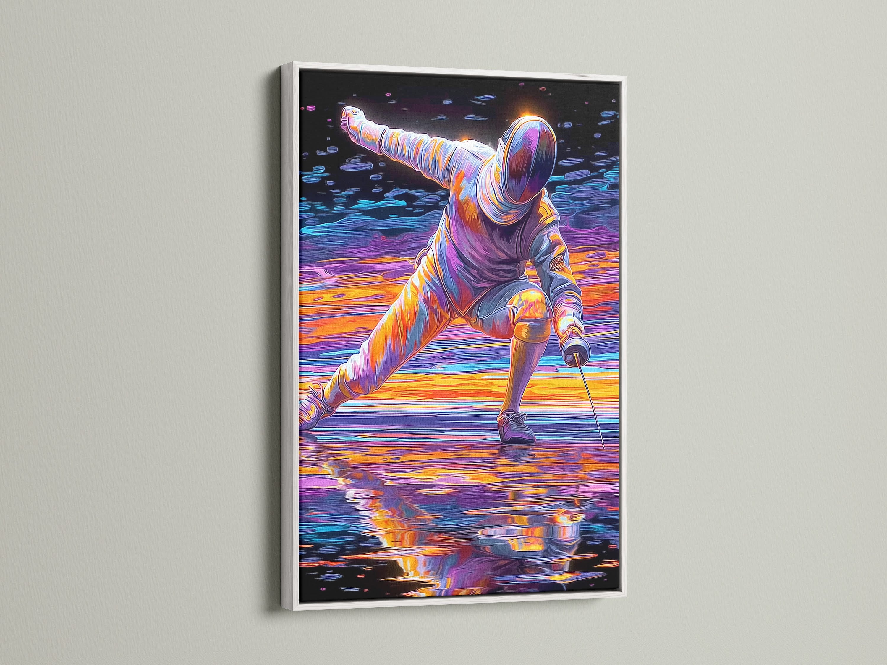 Fencing sport canvas print is displayed with a white frame. This modern artwork is perfect for game room decor. The abstract print features vibrant colors and dynamic action. Great for interior designers.