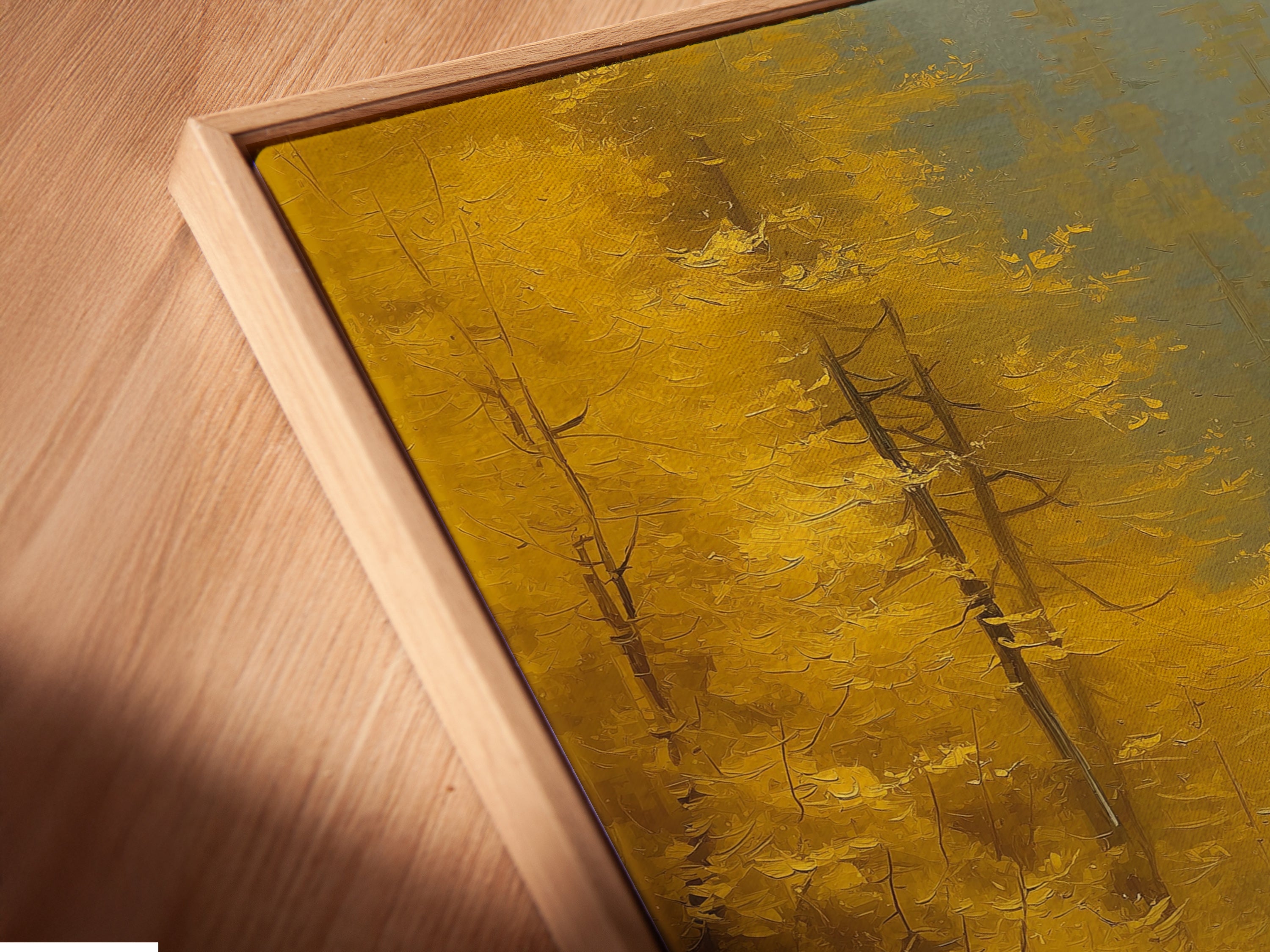 Get a closer look at this canvas print in a floating frame. The angled view highlights the artwork's details. A bear in a boat is surrounded by autumn colors. The floating frame gives a modern gallery look. It is perfect for showcasing cabin decor or wildlife art. Add sophistication to your walls.