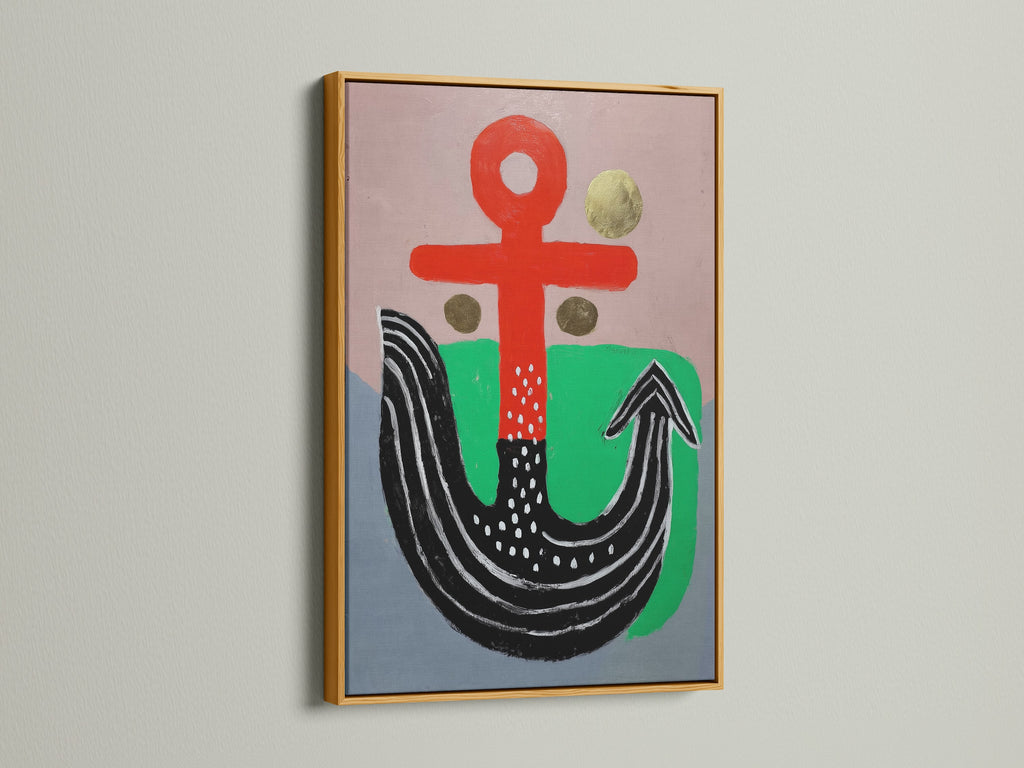 Abstract Anchor Canvas Print with a gold frame. The artwork features a unique nautical design. The piece would look amazing in any modern art collection. The red and green geometric shapes add a touch of elegance.