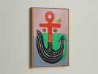 Abstract Anchor Canvas Print with a gold frame. The artwork features a unique nautical design. The piece would look amazing in any modern art collection. The red and green geometric shapes add a touch of elegance.