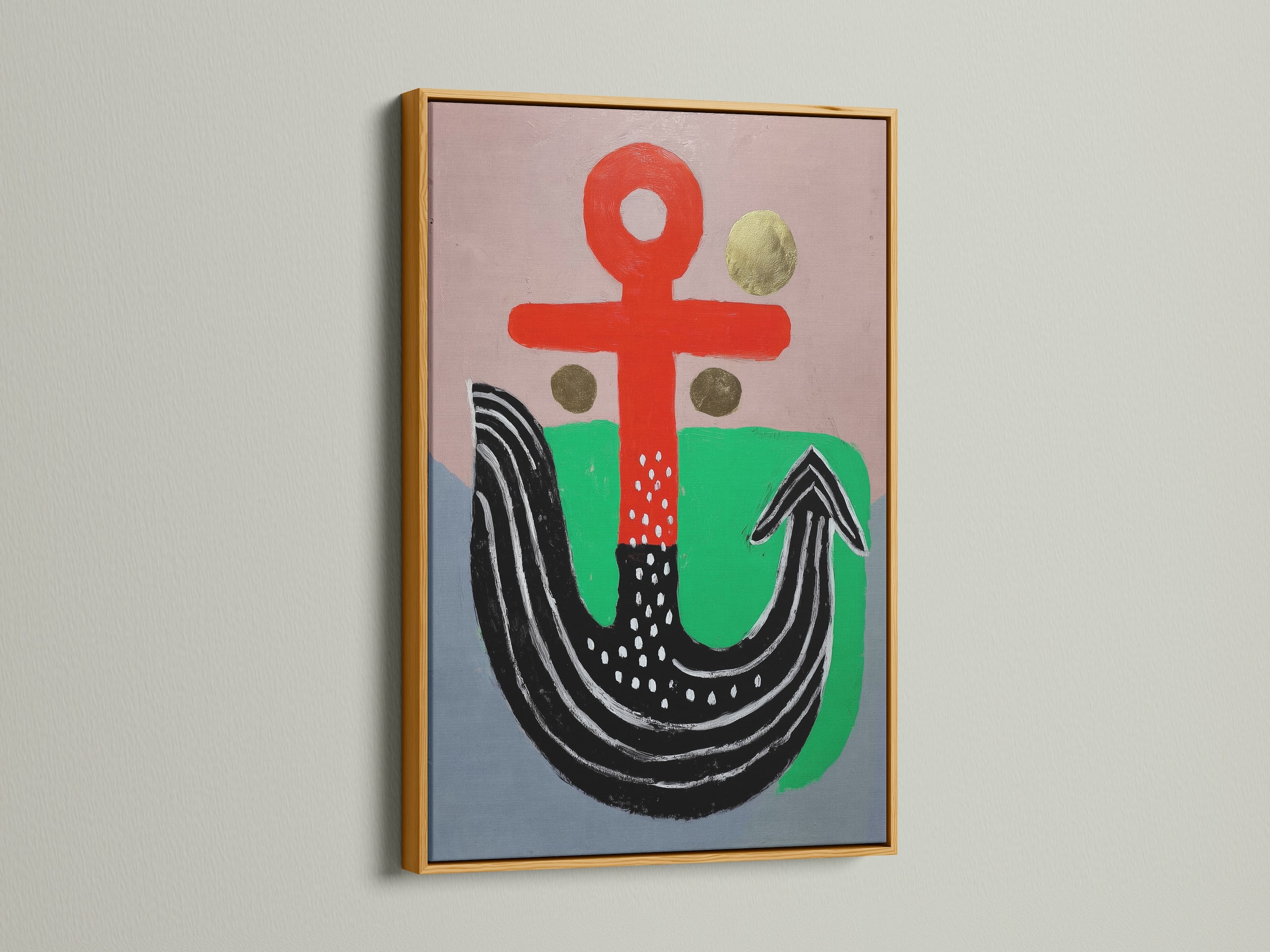 Abstract Anchor Canvas Print with a gold frame. The artwork features a unique nautical design. The piece would look amazing in any modern art collection. The red and green geometric shapes add a touch of elegance.
