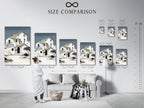Size comparison chart of Mediterranean house art displayed in an interior setting. The coastal architecture wall art fits perfectly in any room. Choose the ideal size for your minimalist white building art. Explore our range of options. Shop now and transform your space.