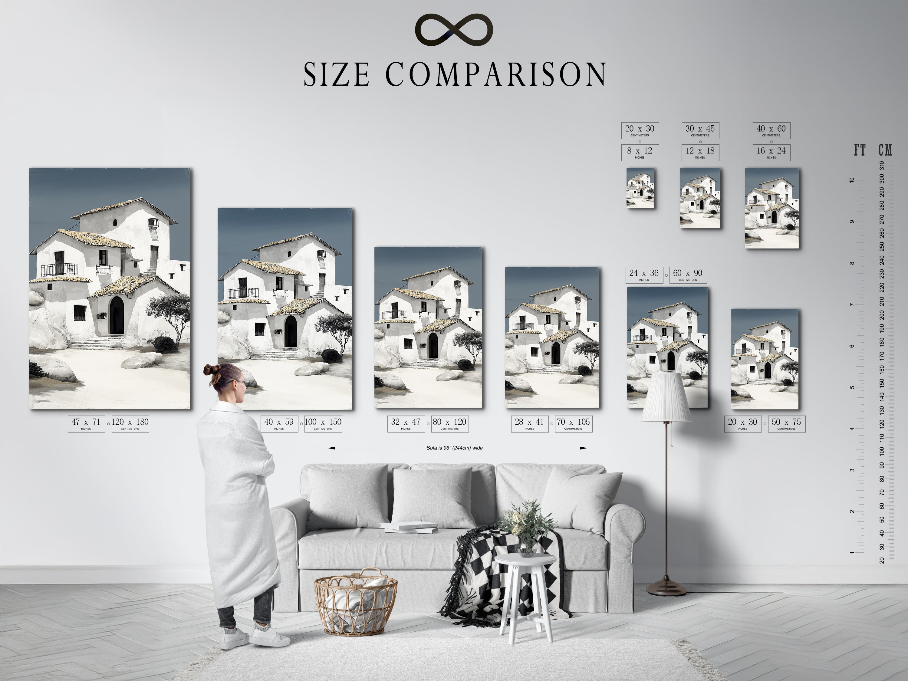 Size comparison chart of Mediterranean house art displayed in an interior setting. The coastal architecture wall art fits perfectly in any room. Choose the ideal size for your minimalist white building art. Explore our range of options. Shop now and transform your space.
