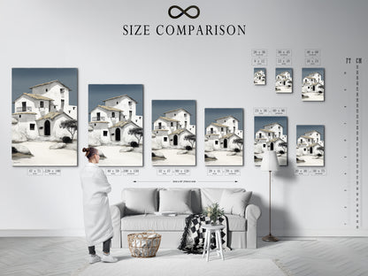 Size comparison chart of Mediterranean house art displayed in an interior setting. The coastal architecture wall art fits perfectly in any room. Choose the ideal size for your minimalist white building art. Explore our range of options. Shop now and transform your space.