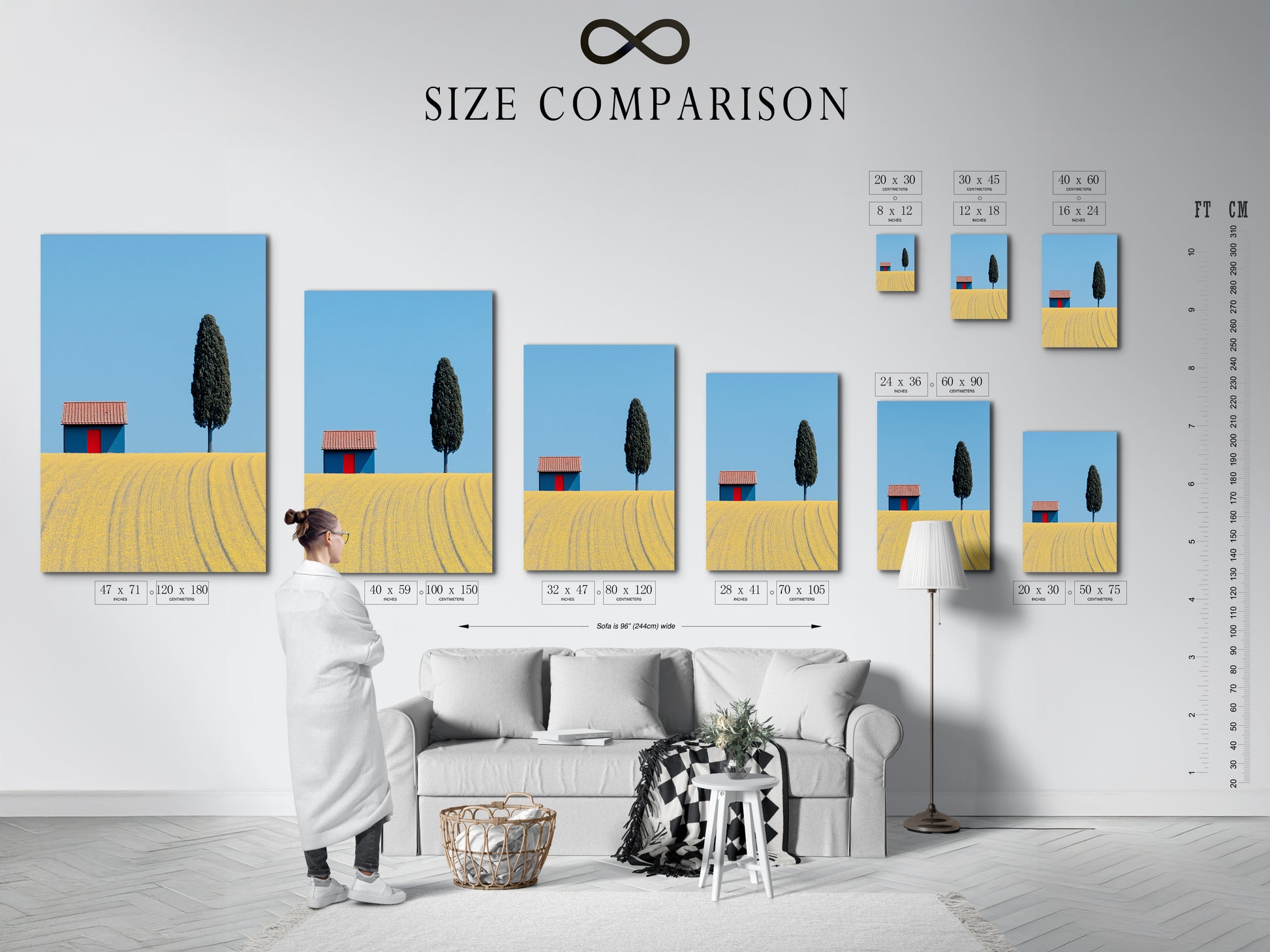 A size comparison chart displayed in an interior setting. The chart shows various dimensions for tuscany landscape artwork. Helping customers visualize the perfect fit for their space. Find the ideal size for your farmhouse wall art.