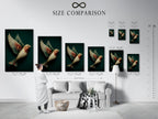 A size comparison chart in an interior setting displaying elegant bird artwork. The fantasy wall art shows neutral tones. See how different sizes fit your space with this whimsical piece.