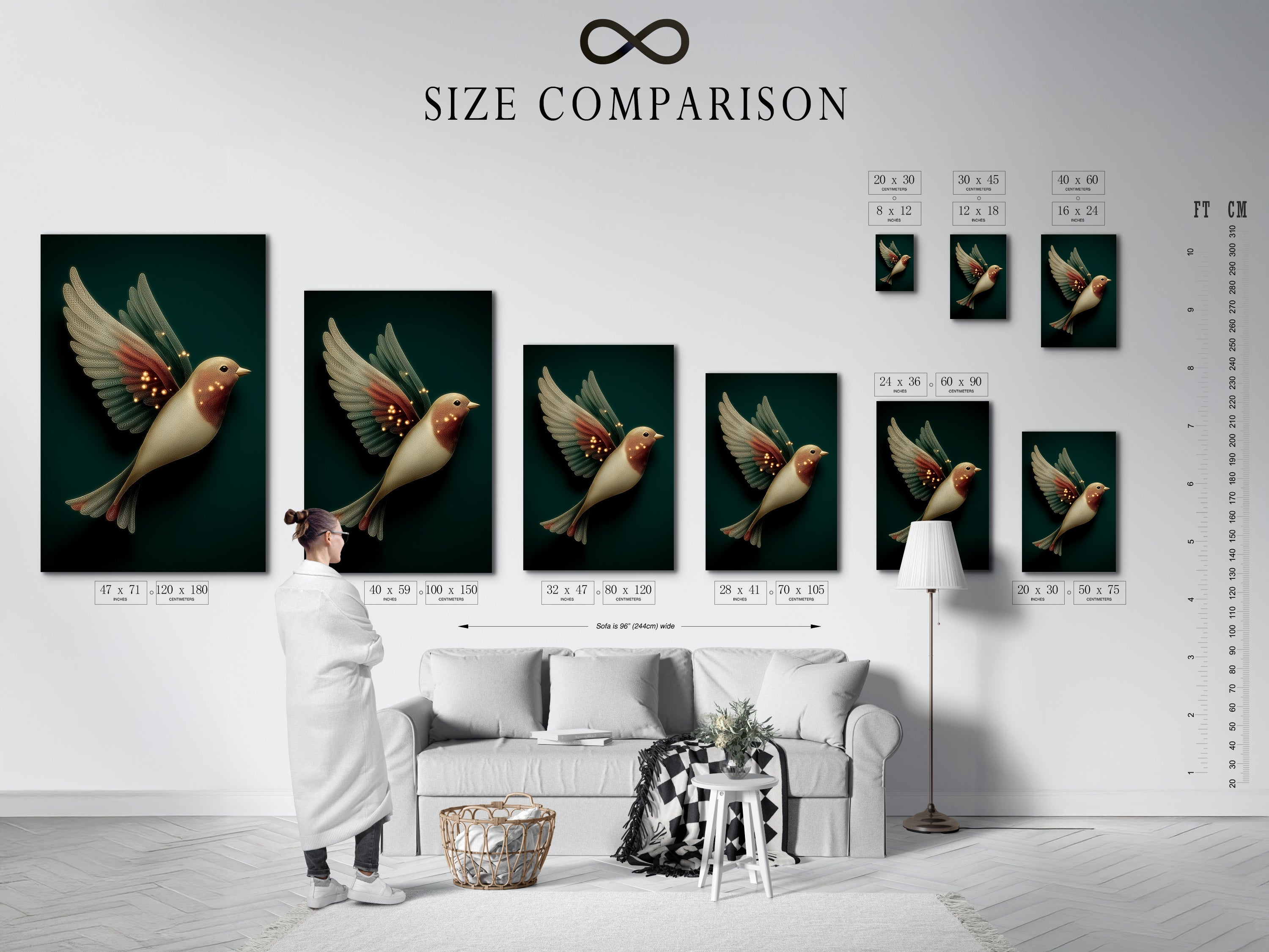 A size comparison chart in an interior setting displaying elegant bird artwork. The fantasy wall art shows neutral tones. See how different sizes fit your space with this whimsical piece.