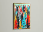 Colorful forest artwork in a gold frame. This abstract tree wall art brings a touch of elegance to your home. The modern woodland print features red turquoise and black trees. This tree canvas complements scandi decor and adds a luxurious feel. Ideal for bedroom art or wall decoration. It enhances any space.