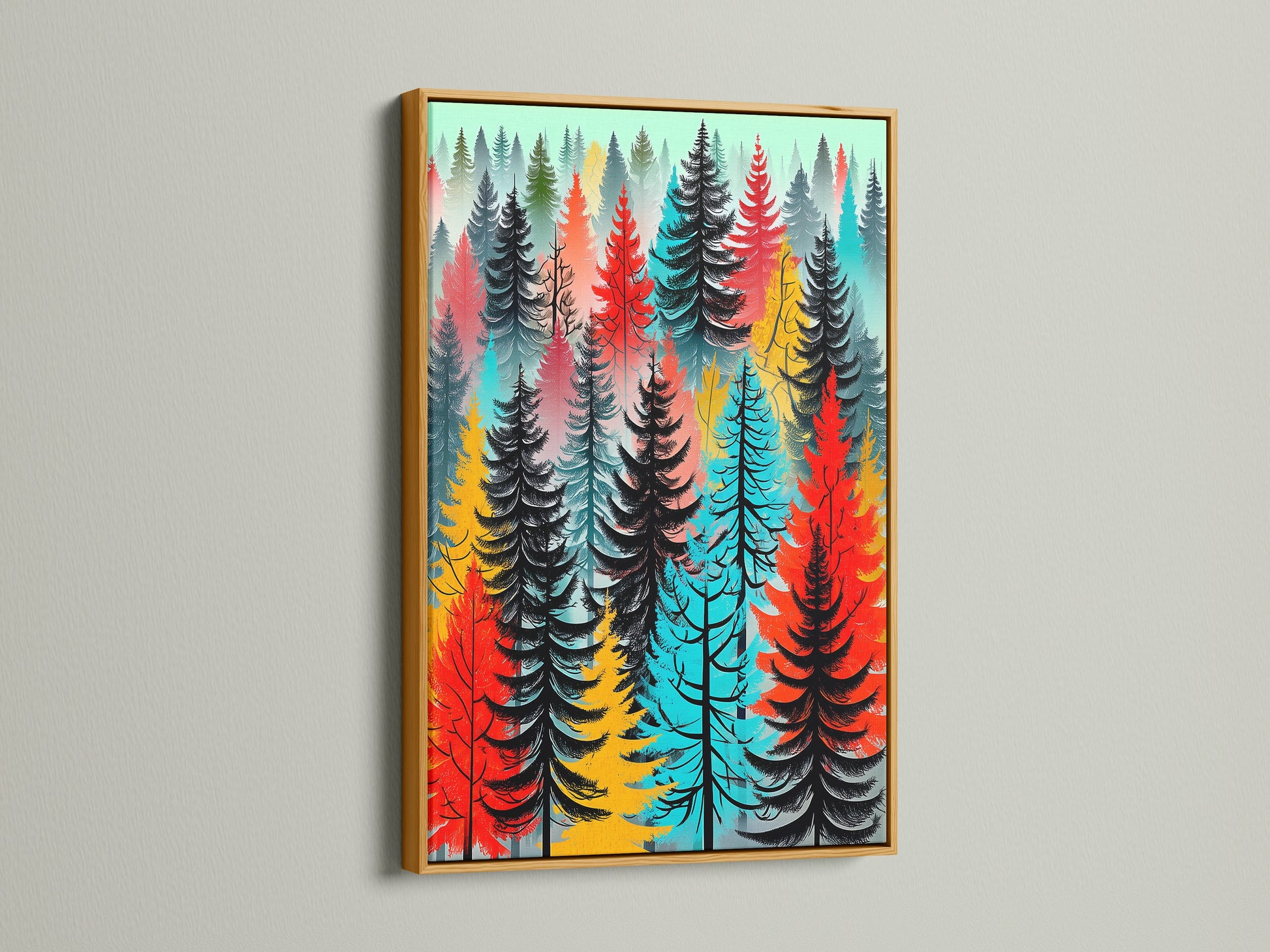 Colorful forest artwork in a gold frame. This abstract tree wall art brings a touch of elegance to your home. The modern woodland print features red turquoise and black trees. This tree canvas complements scandi decor and adds a luxurious feel. Ideal for bedroom art or wall decoration. It enhances any space.
