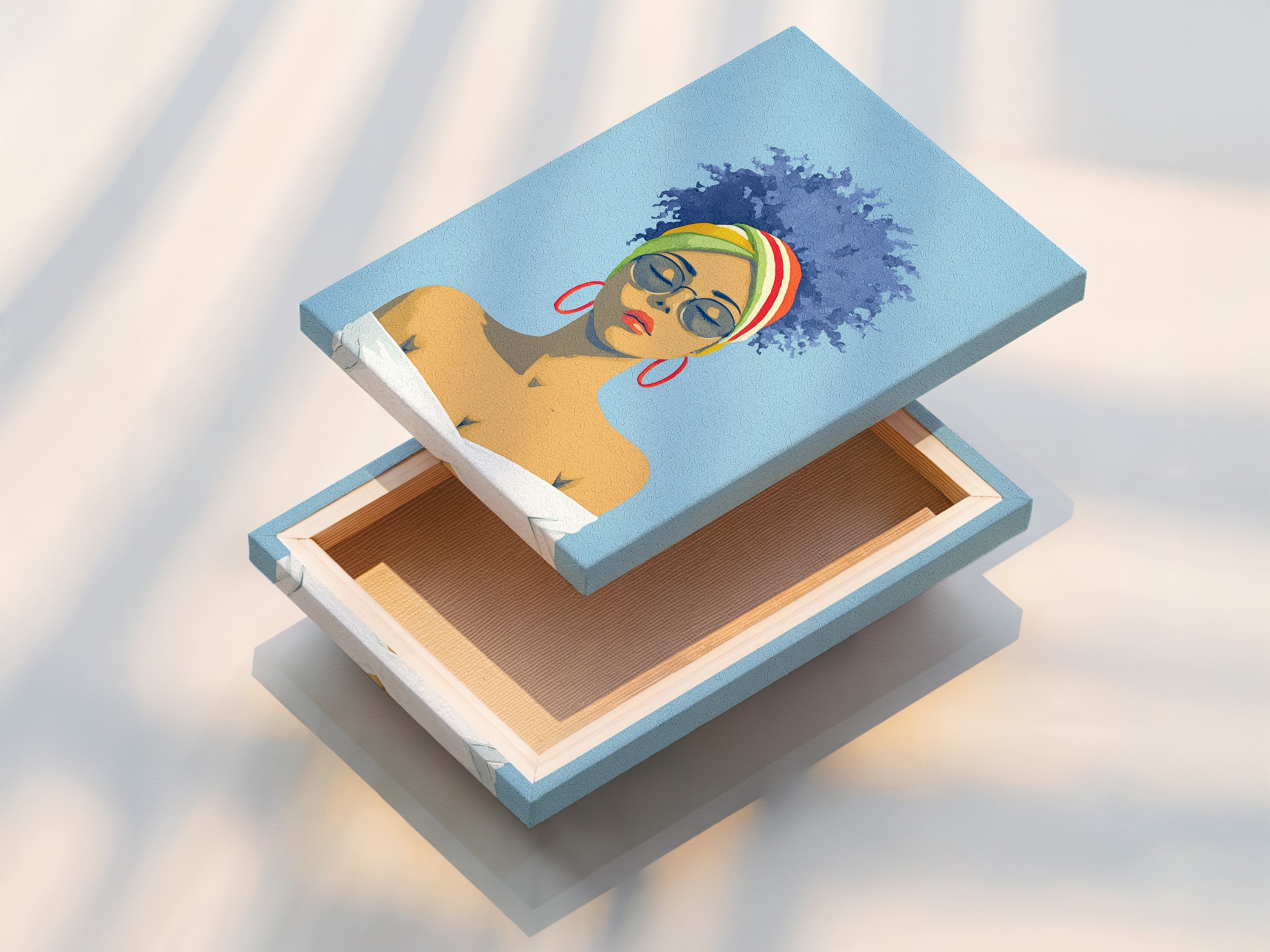 A stretched canvas print is displayed. It's ready to hang and showcases vibrant colors. The canvas print brings the Afro Woman Portrait to life in any space. Ideal for contemporary bohemian or eclectic styles.