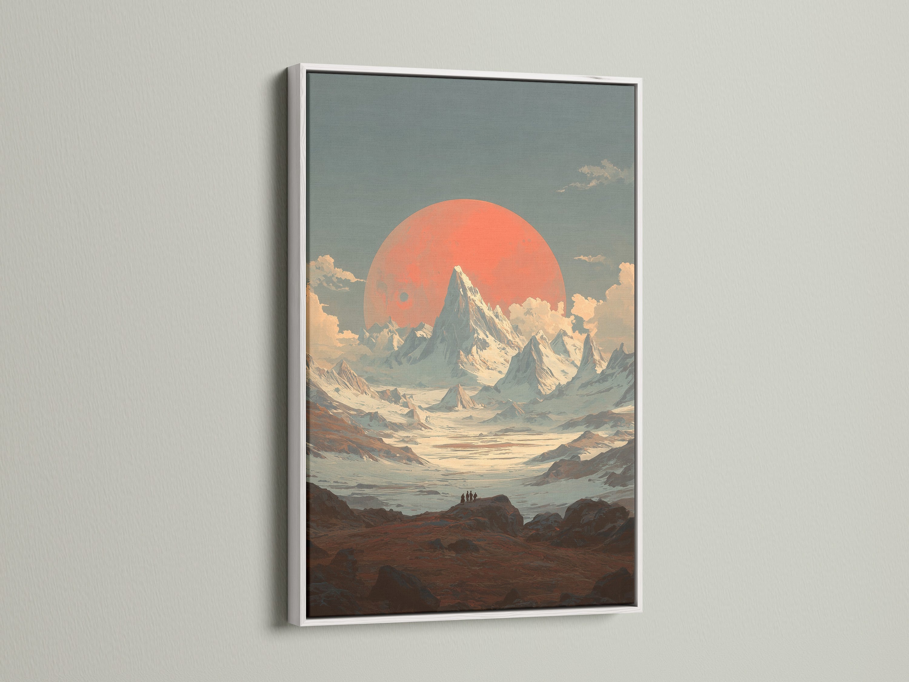 A white frame highlights this mountain sunset artwork. The artwork features a vintage alpine landscape wall art. The contrast of the white frame makes the colors pop. This coral sun print is perfect for any room. It adds a touch of rustic charm.