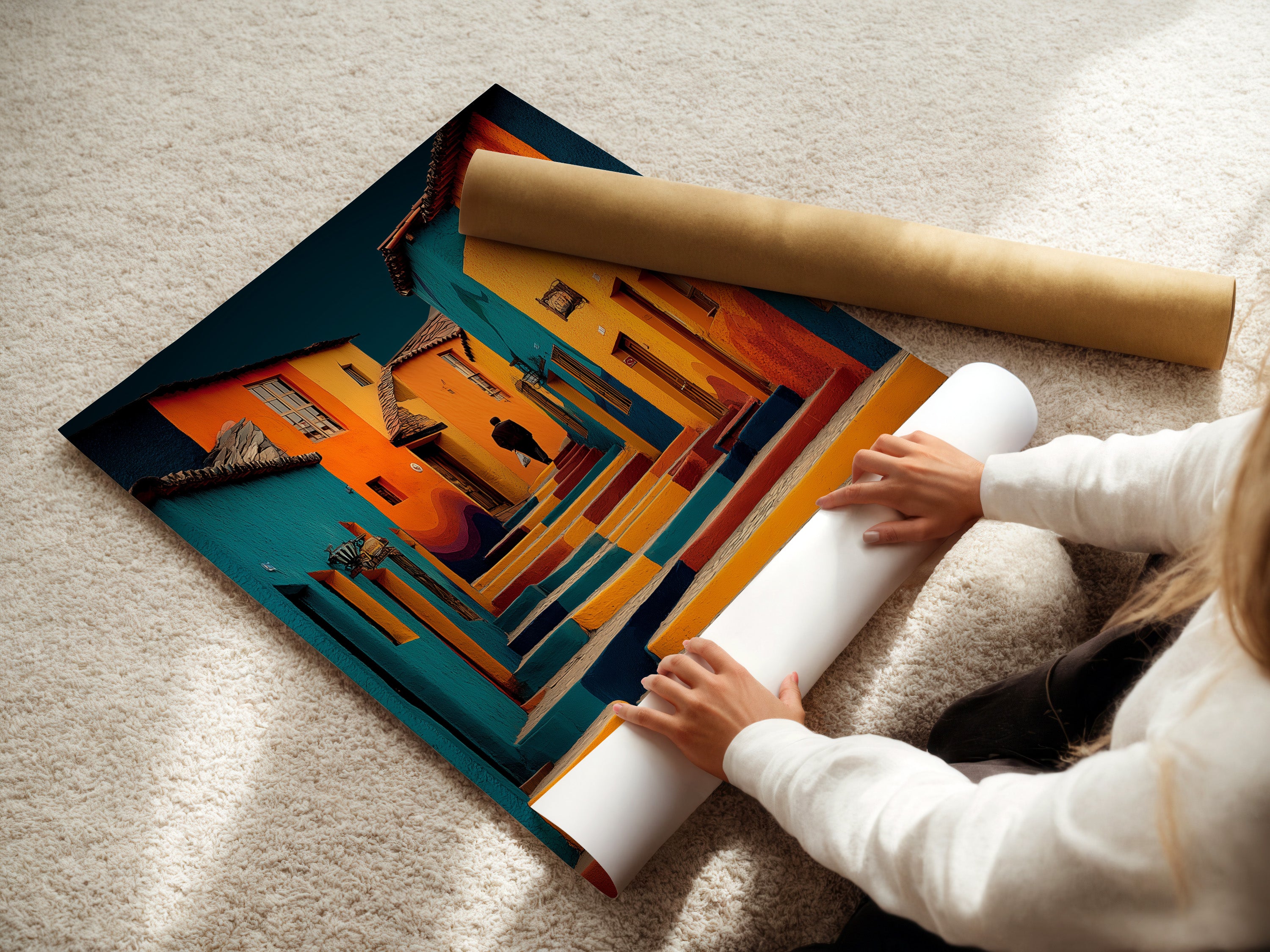 A woman is carefully rolling a fine art poster paper. The fine art poster paper is high-quality. It is suitable for printing detailed artwork. This poster paper ensures your prints look professional and vibrant for display.