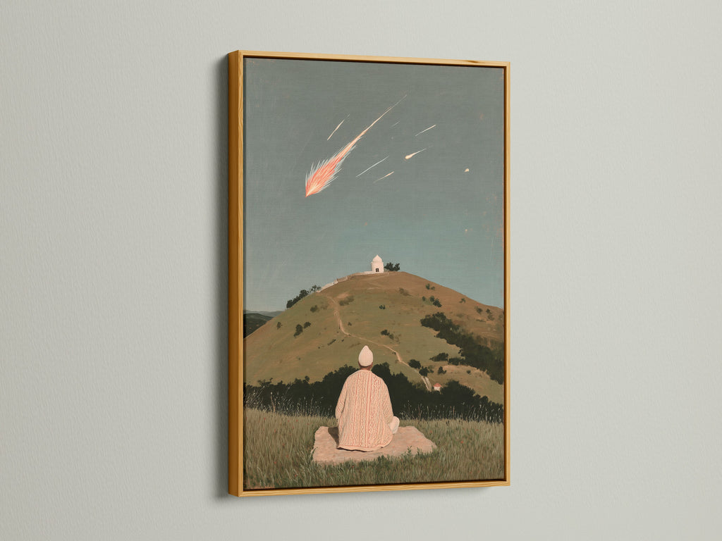 The Shooting Star canvas print is showcased in a gold frame. This celestial artwork adds a touch of elegance to any space. The artwork features a person meditating. The gold frame enhances the artwork's spiritual theme and overall aesthetic.