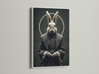 The rabbit monk artwork is presented in a white frame. The contrast highlights the gothic religious theme. This fine art print is ideal for dark academia enthusiasts. The animal portrait adds a surreal touch to any room. Perfect for home offices and creative spaces.