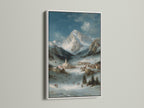 Alpine Village art framed in white. This winter landscape offers a cozy cabin aesthetic. The artwork showcases snowy mountains. It is perfect as winter wall art. The snowy mountains and blue skies provide a calming effect. This artwork has a vintage landscape style.