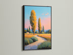Black frame displaying a Tuscany Landscape artwork. This tree wall art is a stunning focal point. The country path painting adds depth to the scene. Perfect for those who love warm tone art and countryside decor.
