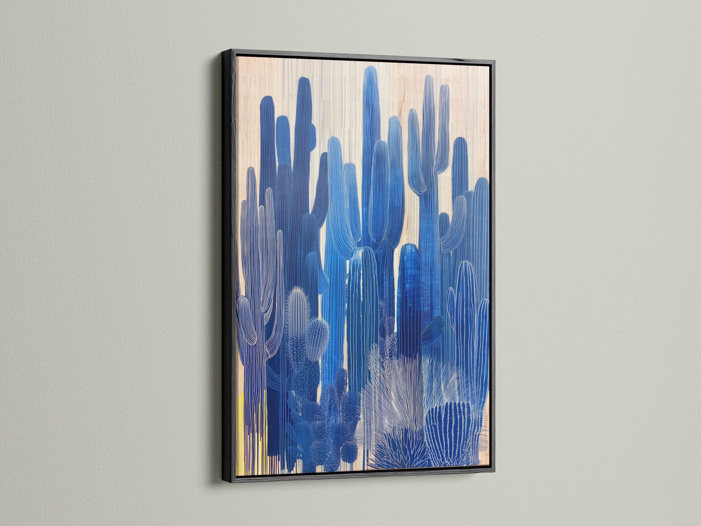 Black frame highlighting a blue cactus print. This piece is perfect for southwest wall art. Elevate your office artwork with desert landscape themes. A great choice for clinics and boardrooms seeking modern decor.