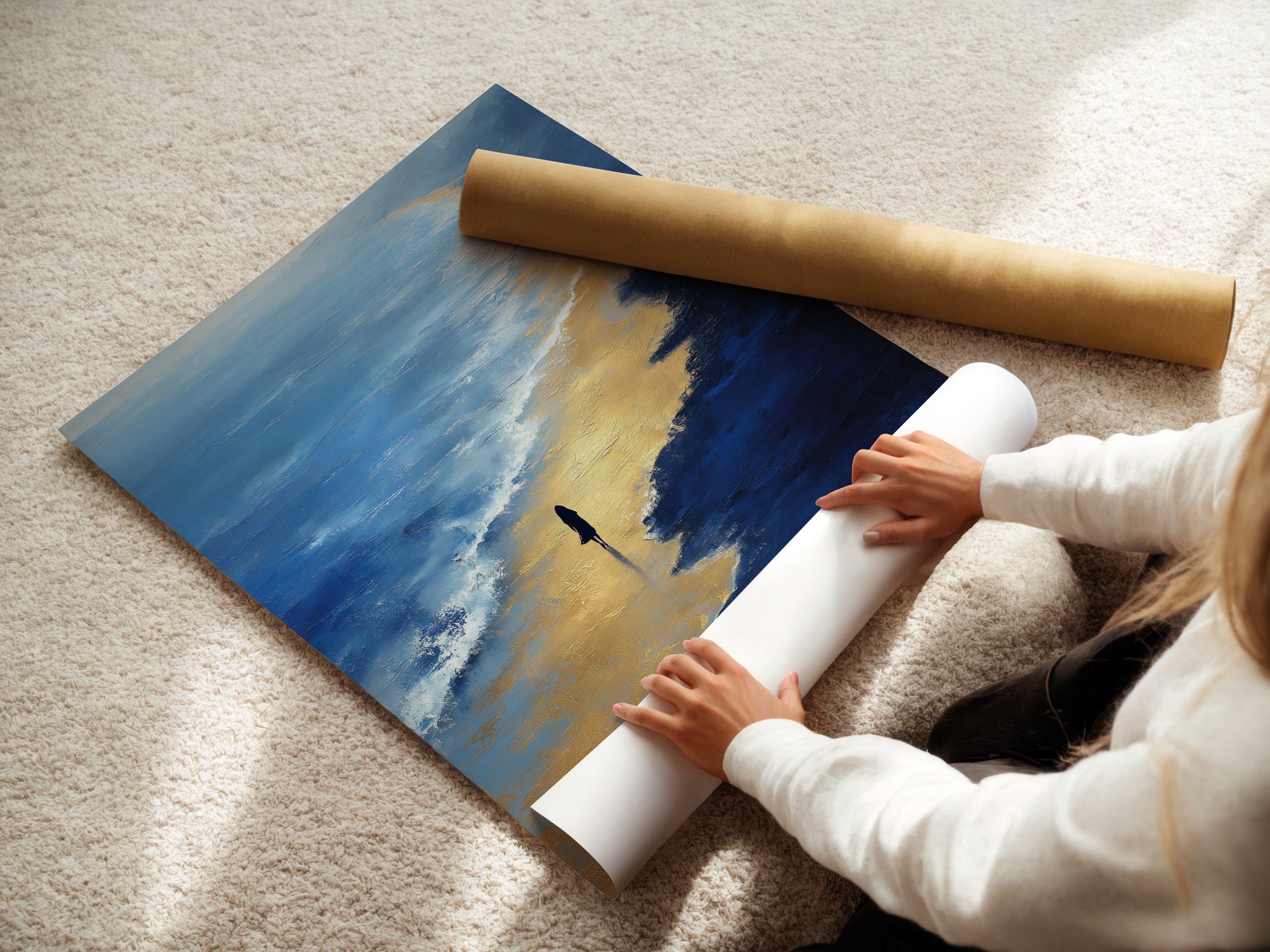 A woman carefully rolling a fine art poster paper. The poster features Beach Walk artwork. This coastal wall art is ready for framing. The artwork showcases calming ocean waves. Perfect for adding to any minimalist bedroom decor.