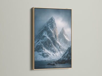 A close-up reveals an oak finish frame. This frame beautifully showcases a Snowy Mountain Peaks Canvas Print. It's ideal for Scandinavian home decor. The frame enhances coastal art prints and mountain artwork.