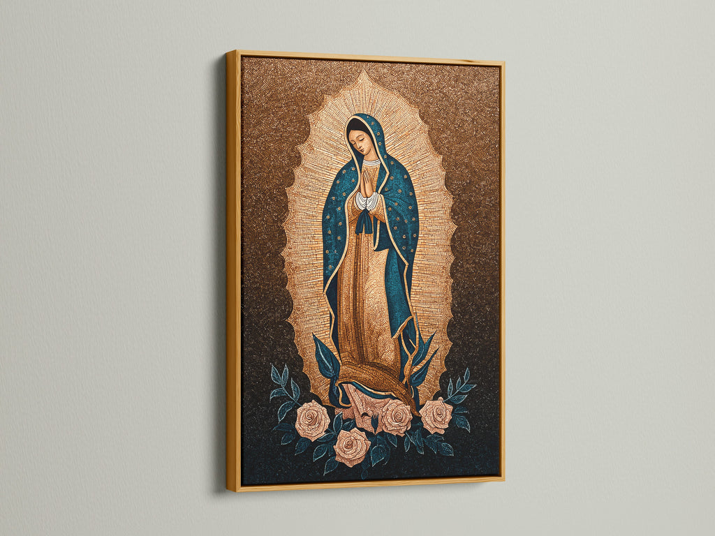 The Our Lady of Guadalupe print shines in a gold frame. The Virgin Mary art elevates Catholic home decor. This religious artwork is a sacred art gift. The Guadalupe print brings a touch of victorian style. This mary wall art is perfect for spiritual decor.