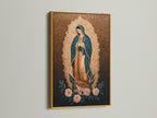 The Our Lady of Guadalupe print shines in a gold frame. The Virgin Mary art elevates Catholic home decor. This religious artwork is a sacred art gift. The Guadalupe print brings a touch of victorian style. This mary wall art is perfect for spiritual decor.