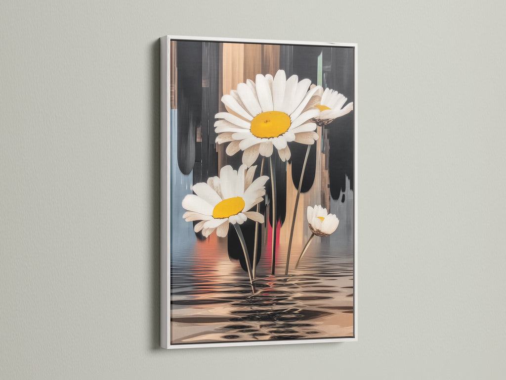 A daisy canvas print is beautifully framed in white. The white frame enhances the modern botanical artwork. It's a great choice for light and airy bedroom wall decor. The floral artwork adds a fresh touch to any space.