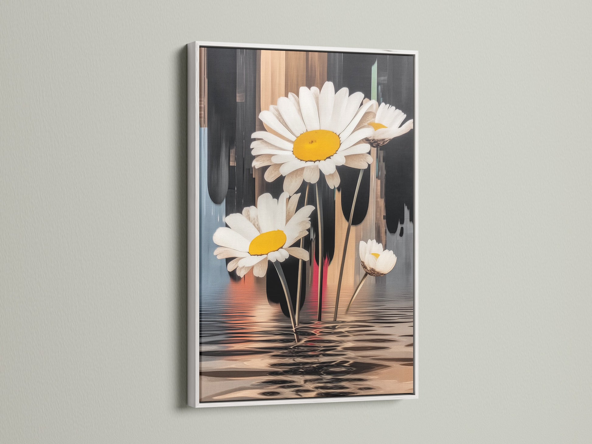 A daisy canvas print is beautifully framed in white. The white frame enhances the modern botanical artwork. It's a great choice for light and airy bedroom wall decor. The floral artwork adds a fresh touch to any space.
