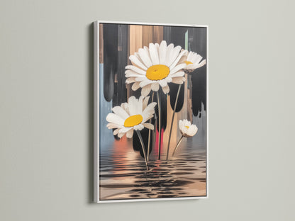A daisy canvas print is beautifully framed in white. The white frame enhances the modern botanical artwork. It's a great choice for light and airy bedroom wall decor. The floral artwork adds a fresh touch to any space.