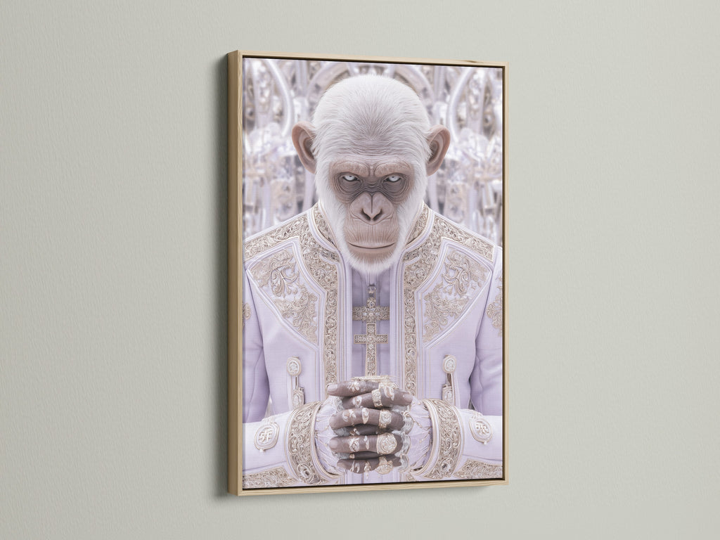 The Monkey Pope artwork is beautifully presented in an oak frame. This animal portrait offers a blend of satire and contemporary style. The oak frame enhances the artwork's charm. Ideal for living rooms bedrooms or offices. Add a touch of quirky elegance to your wall decor with this conversation piece.