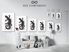 A size comparison chart is displayed in an interior setting. Various sizes of artwork are shown on a wall. This helps visualize how art will look in a space. Use this chart to choose the perfect size for your needs.  