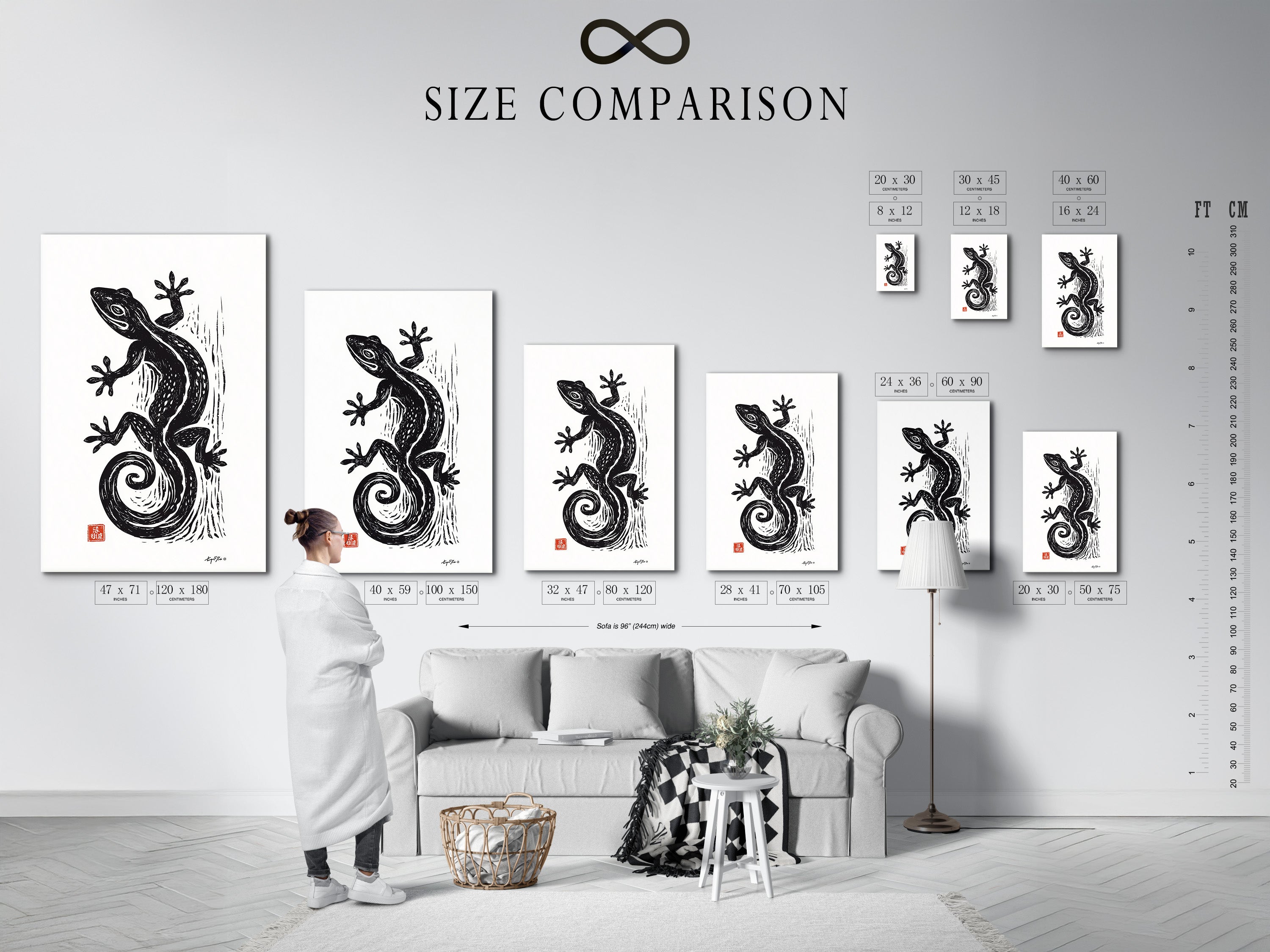 A size comparison chart is displayed in an interior setting. Various sizes of artwork are shown on a wall. This helps visualize how art will look in a space. Use this chart to choose the perfect size for your needs.  
