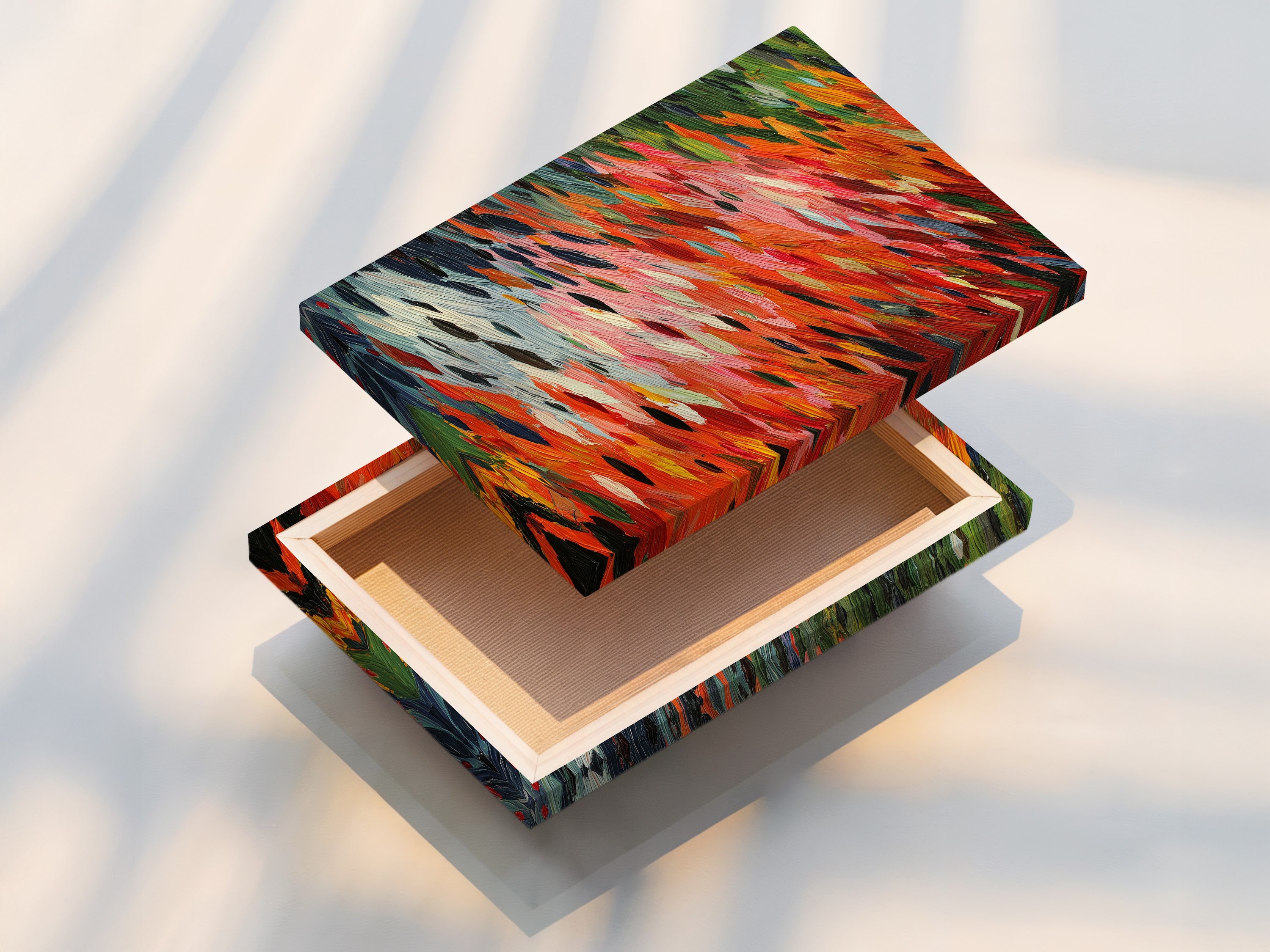 This is a detailed view of a stretched canvas print featuring abstract brushstrokes. The orange and red hues create a vibrant and eye-catching piece. This ready-to-hang artwork adds a modern touch to any room enhancing its contemporary feel.