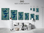 A size comparison chart helps you visualize the perfect fit for your space. See how the blue floral canvas print looks in various dimensions. Find the ideal size for your modern botanical wall art. Make an informed decision for your bedroom wall decor