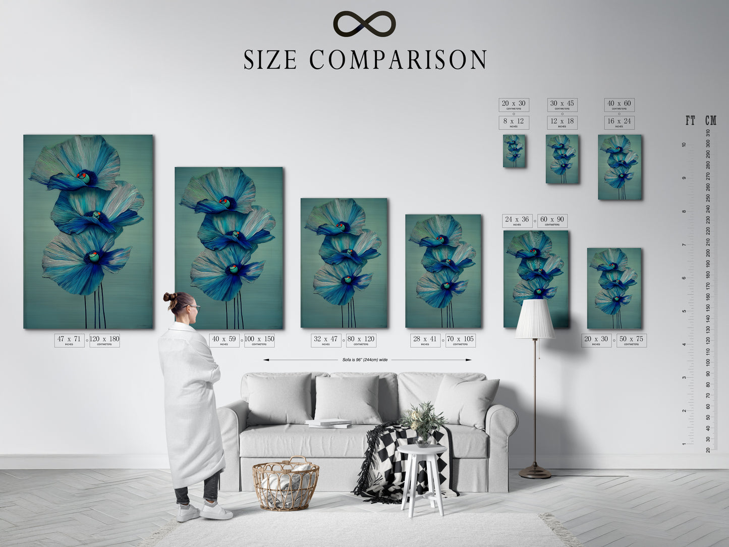 A size comparison chart helps you visualize the perfect fit for your space. See how the blue floral canvas print looks in various dimensions. Find the ideal size for your modern botanical wall art. Make an informed decision for your bedroom wall decor
