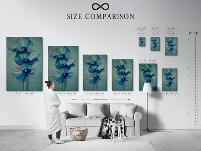 A size comparison chart helps you visualize the perfect fit for your space. See how the blue floral canvas print looks in various dimensions. Find the ideal size for your modern botanical wall art. Make an informed decision for your bedroom wall decor