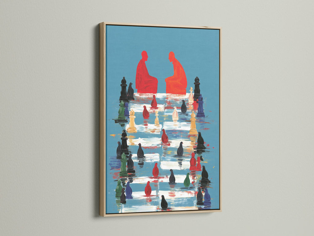 Modern chess artwork with an oak frame. This piece adds an intellectual touch to any space. Ideal for game rooms offices or living rooms. A sophisticated decor choice.