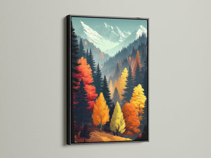 Autumn Forest canvas print in a black frame. It is a striking contrast enhancing the fall colors. This mountain landscape wall art is ideal for modern spaces. A nature print perfect for creating a focal point in cabins lodges or boardrooms.