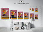 Size comparison chart in an interior setting. The chart showcases various sizes of the Parrot DJ artwork. It helps visualize how the artwork will look in different spaces. Get the perfect fit for your room.