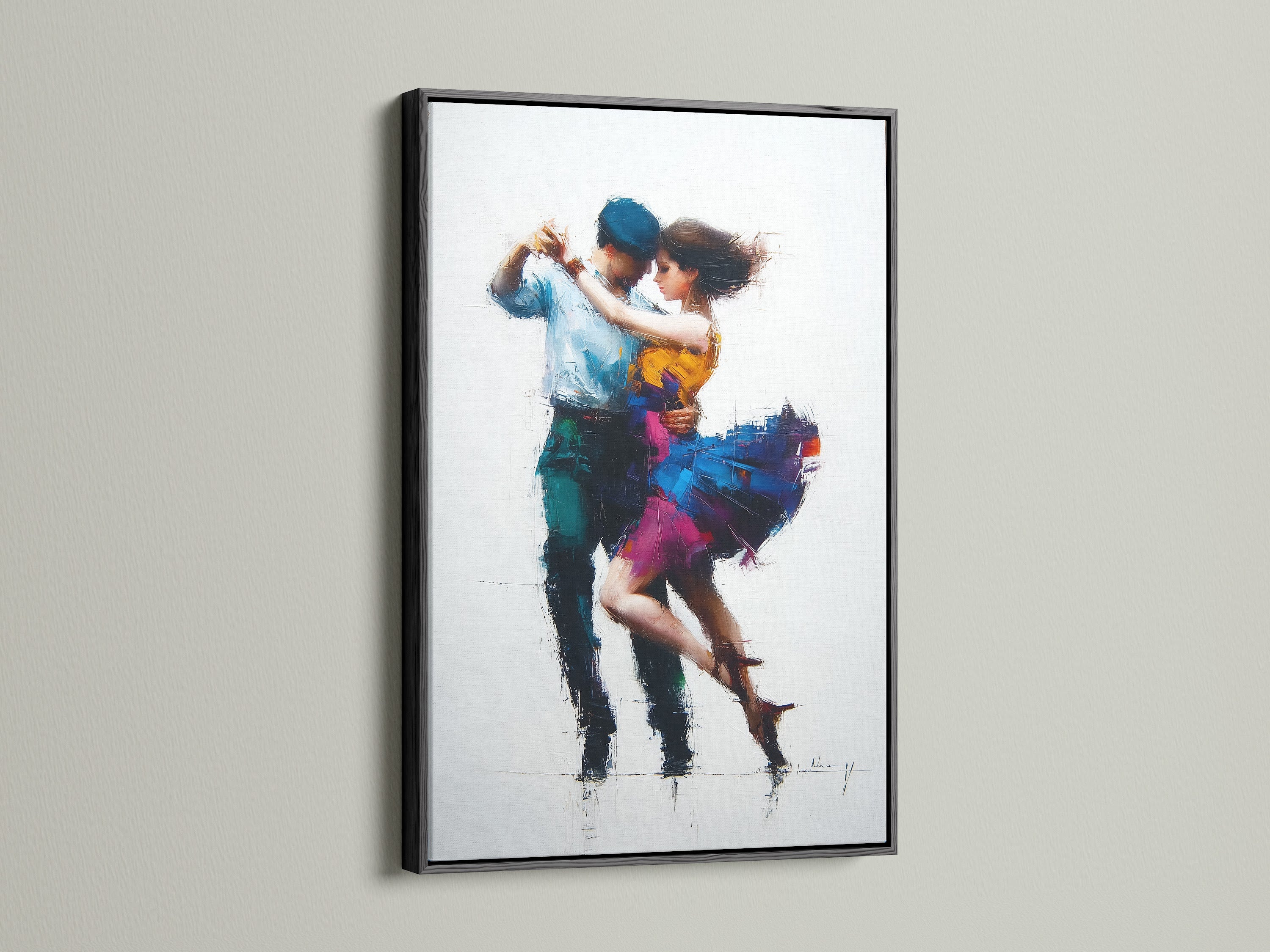 A captivating artwork of a couple dancing is presented. It features a black frame. The black frame adds a bold striking contrast. This artwork will make a statement in any room. It is a perfect choice for contemporary spaces.