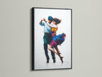 This artwork is showcased in a sleek black frame. The art print depicts a dancing couple. The black frame provides a bold and sophisticated touch. It enhances the artwork's contrast and visual appeal. Elevate your decor with this classic frame choice. It makes a statement in any room.